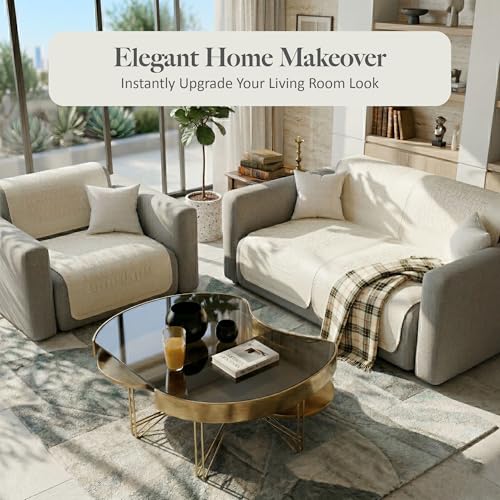 Image of Kuber Industries 2+1 Seater Sofa Cover | Slipcover for Living Room | Thick & Cozy | Non-Slip Comfort Sofa Cover Set | Columbia 258003 - Cream