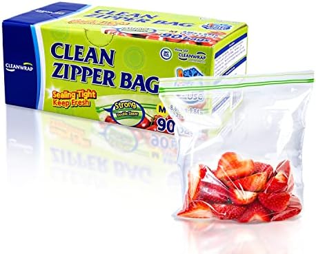 Clean Zipper Bag Medium 90 Bags, LDPE, BPA FREE, Food Storage Bags, Freezer Bags