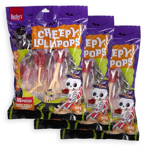 Becky’s Creepy Lollipops 3x90g – 30 Halloween Lutscher mit Knochen-Stiel – Süße Party-Süßigkeiten für Kinder & Erwachsene – Gruselige Lollies, einzeln verpackt, zum Teilen, Verschenken & Dekorieren