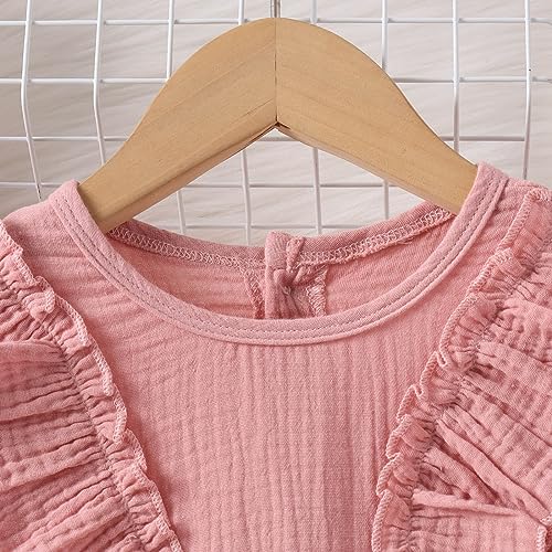 Kids Girls Cotton Dresses Spring and Autumn Long Sleeve Crew Neck Dress Solid Color Bow A Line (Pink, 5-6 Years)2