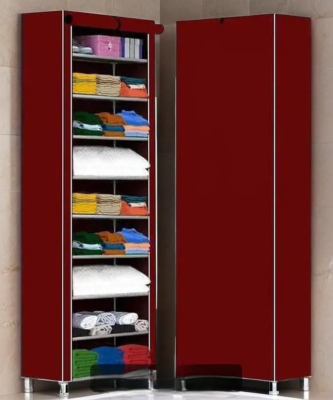 Image of Bagnizer Collapsible Wardrobe Printed Cover 6 Shelves Storage Clothes Storage Rack -Great Kitchen Storage QuickWardrobe Organizer Storage Rack Foldable Collapsible (Maroon)