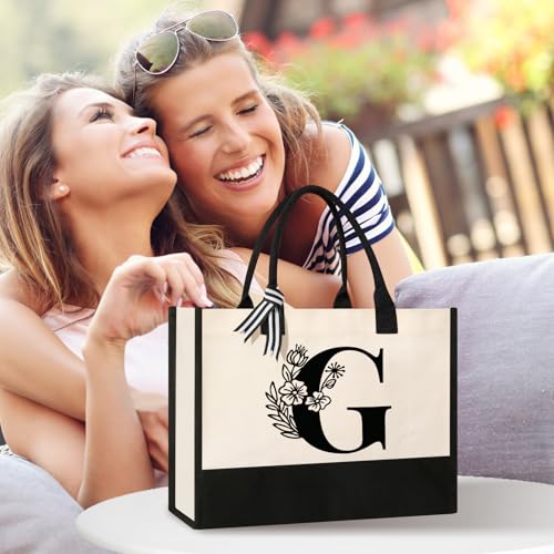 Image of Tecanne Personalized Initial Canvas Tote Bag, Suitable for Birthday, Wedding, Beach, Holiday, Gifts for Women, Mom, Teachers, Nurses, Best Friends, Bridesmaids (G)