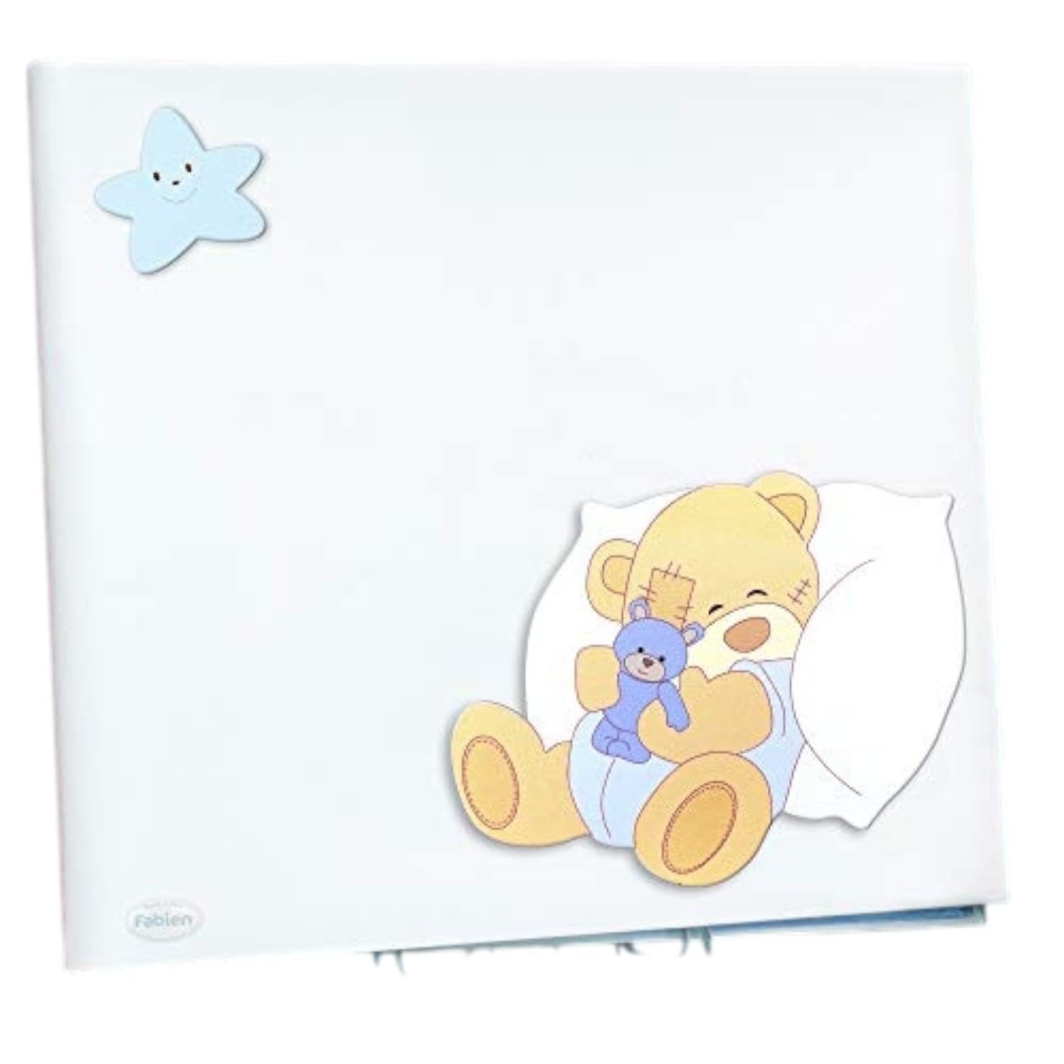 Albalù Album Prima Infanzia Celeste con Interno Nascita e Applicazione Legno Orso Cuscino - Album Ricordo Nascita Battesimo Bambino Made in Italy