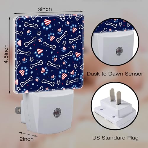 Image of USA Flag and Paw Prints Night Light Plug into Wall, Cute American Patriotic Dog Prints Dusk to Dawn Night Light Plug in,0.5w Energy Saving Sleep Friendly NightLight for Kids Boys Girls Home Decor