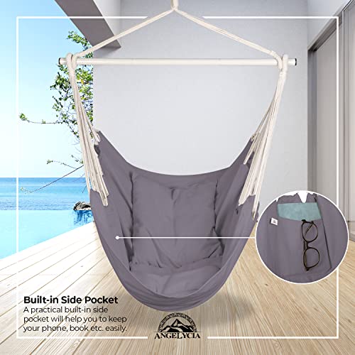 Angelycia Hammock Chair | Swinging Chairs |Indoor & Outdoor Hanging Chair |% 100 Cotton | Steel Spreader Bar With Anti-Slip Rings | 2 Cushions Included | Weight Up To 350 Lb. | Swing Chair (Dark Gray) #TOP4