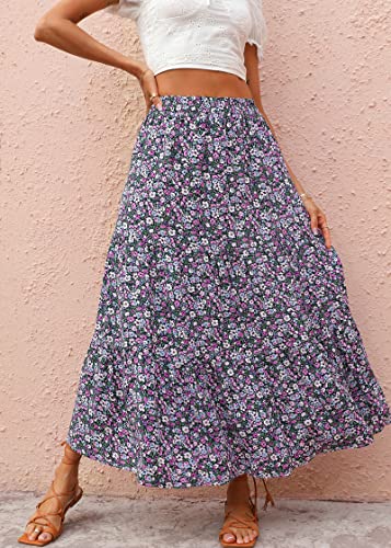 Kirundo 2023 Spring Summer Women's High Waist Boho Floral Maxi Skirt Casual Flowy Swing Pleated A Line Beach Long Skirts(Black Purple, X-Large) #TOP1