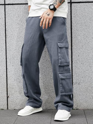 Image of Men's 8 Pocket Cargo Pants | Premium Cotton Twill Baggy Fit Trousers | Stretchable Casual Streetwear Cargos | Mid Rise