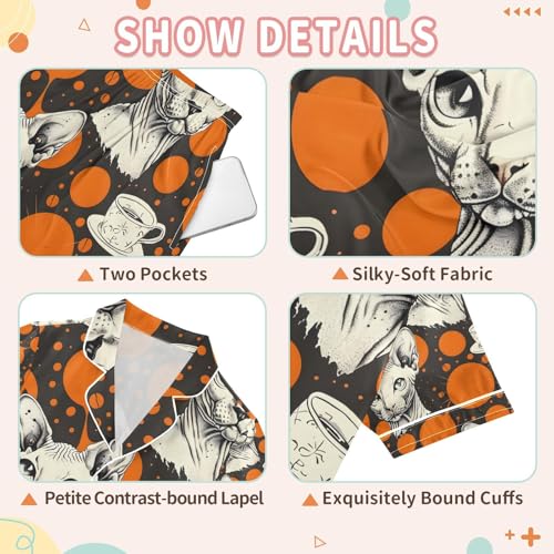 senya Retro Style Cats and Coffee Satin Summer Pajama Sets Silk Short Sleeve Button Down Sleepwear3