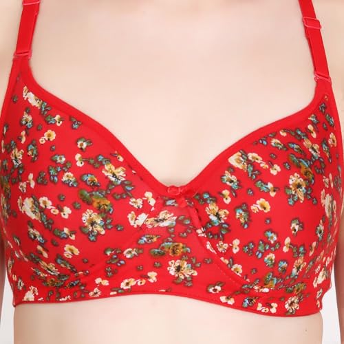 Image of Flower Print Bra for Women - Made of Pure Cotton Full Coverage Non Wired Pushup Soft Cup for T-Shirt Saree Dress Sports Garment for Daily Use Everyday