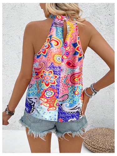 Image of RoseSeek Women's Tropical Paisley Halter Blouse Boho Shirt Vacation Tops