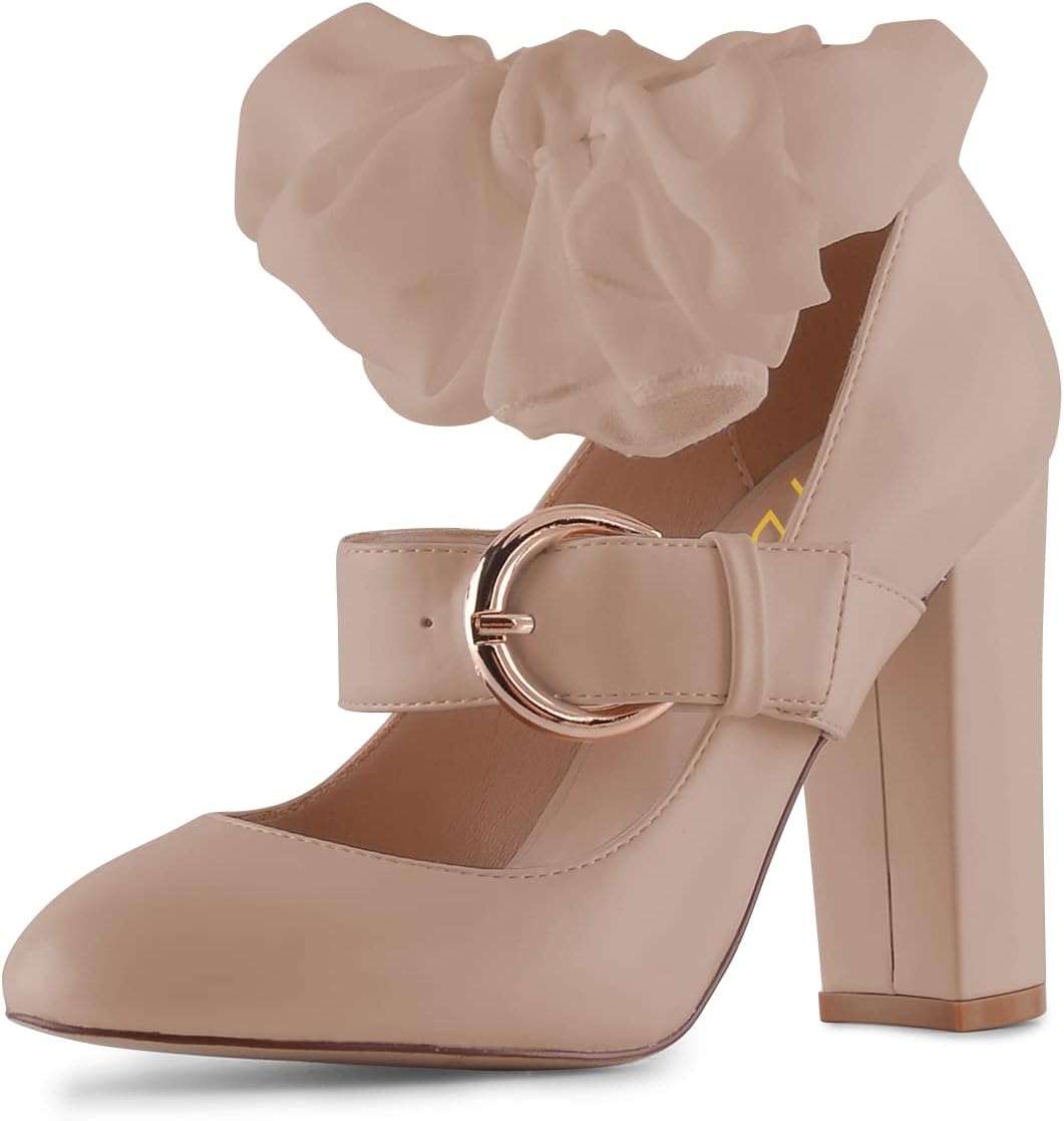 YDN Women Pointed Toe Lace up Bow Pumps Block High Heel Mary Janes Adjustable Buckle Strap Dance Dress Party Shoes Size 4-15 US