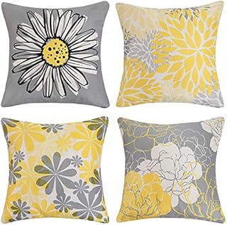 Decorative Cushion Covers 18 x 18 inches Turquoise and Grey Throw Pillow Covers Modern Daisy Flowers Linen Square Pillow Cases for Sofa Couch Chair Outdoor Patio Home Decor Pillowcases Set of 4