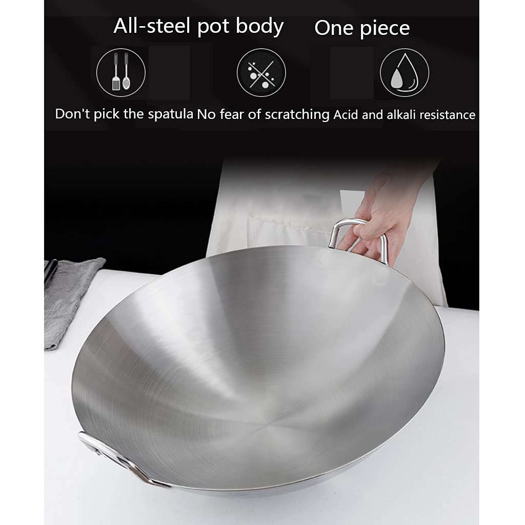 40 cm zagęszczający szybko przewodzący ciepło wok ze stali nierdzewnej z nieprzywierającą powłoką i łyżką do smażenia ze stali nierdzewnej, wok w stylu chińskim niepowlekany, polerujący do s