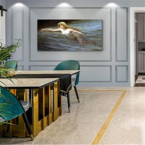 Nude Wall Art In Water Sexy Erotic Blonde Woman Swimming Man Cave Bar Studio Oil Painting Decoration Canvas Painting Wall Art Poster For Bedroom Living Room Decor 24X48Inch(60X120Cm) Frame-Style #TOP2