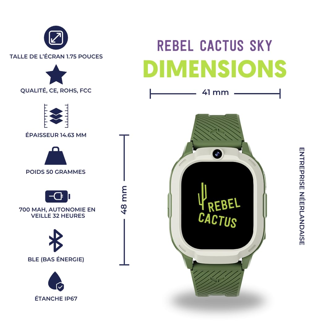 Rebel Cactus Montre Connectée Enfant Vert - Montre Enfant GPS avec Appel et Carte SIM, Grande Mémoire, Limite de Temps Réglable, Fonds d’Écran Personnalisables, étanche IP67