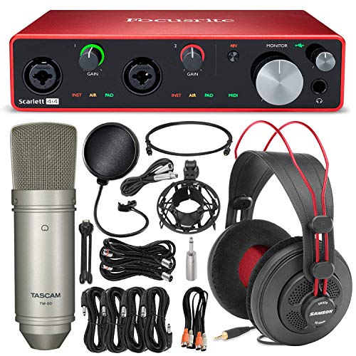Focusrite Scarlett 4i4 USB Audio Interface (3rd Generation) + Tascam TM-80 Studio Condenser Microphone, SamsonÂ SR850 Stereo Headphones, Xpix Pop Filter, Cables and Professional Accessories