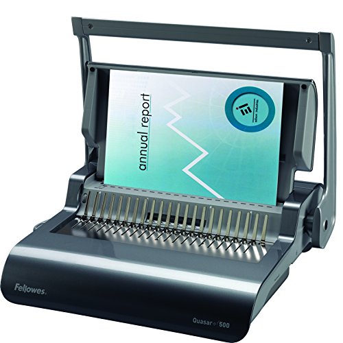 Fellowes Machine à relier pour le bureau, Fellowes Quasar+ - Reliure 21 trous, 500 feuilles, perforation manuelle, anneaux plastique, inclus kit de démarrage de 10 peignes - Argent