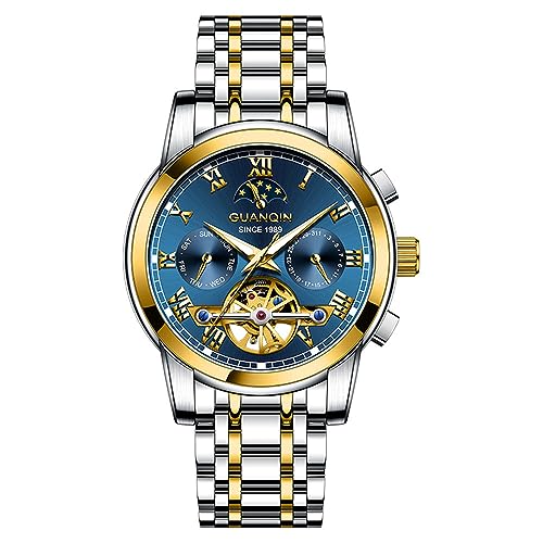 Guanqin Reloj mecánico multifuncional de esqueleto vintage para hombre, automático, de cristal de zafiro, doble cara, hueco, impermeable, luminoso, fase lunar, reloj de pulsera de acero inoxidable - Imagen 2