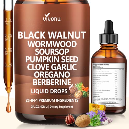 25-in-1 Liposomal Black Walnut Wormwood Clove Tincture Cleanse for Humans Drops Liquid Lymphatic Support with Garlic Mullein Soursop Pumpkin Seed Berberine Turmeric Echinacea Cinnamon