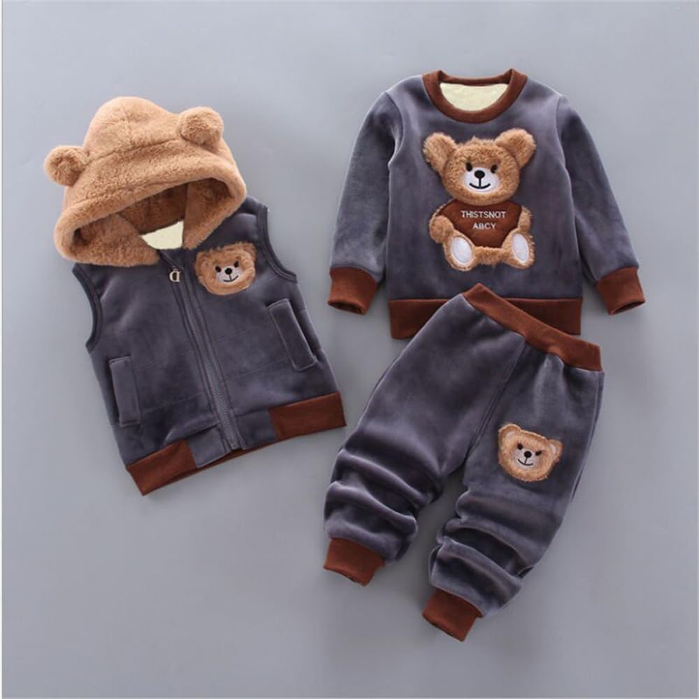 Fall Winter Baby Boys Cartoon Bear Hooded Vest+Tops+Pants Toddler Infant Casual 3pcs Clothing Suit - Image 2
