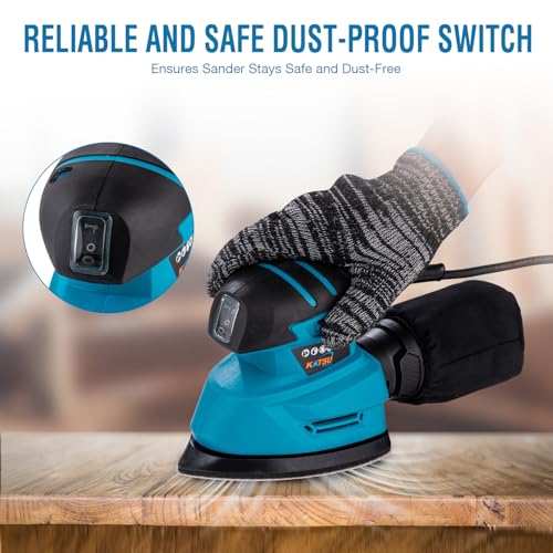 KATSU Tools Electric Detail Sander, 130W Palm Sander for Wood with Dust Collection and 10 PCs Sanding Pads, for Home Decoration DIY Furniture Finishing (Budget) - Image 4