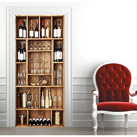 PVC Door Stickers 3D self-Adhesive Door Poster Creative Wine Rack Pattern Interior Door Wallpaper Mural Art Vinyl Home Decor Removable 77x200cm Cover