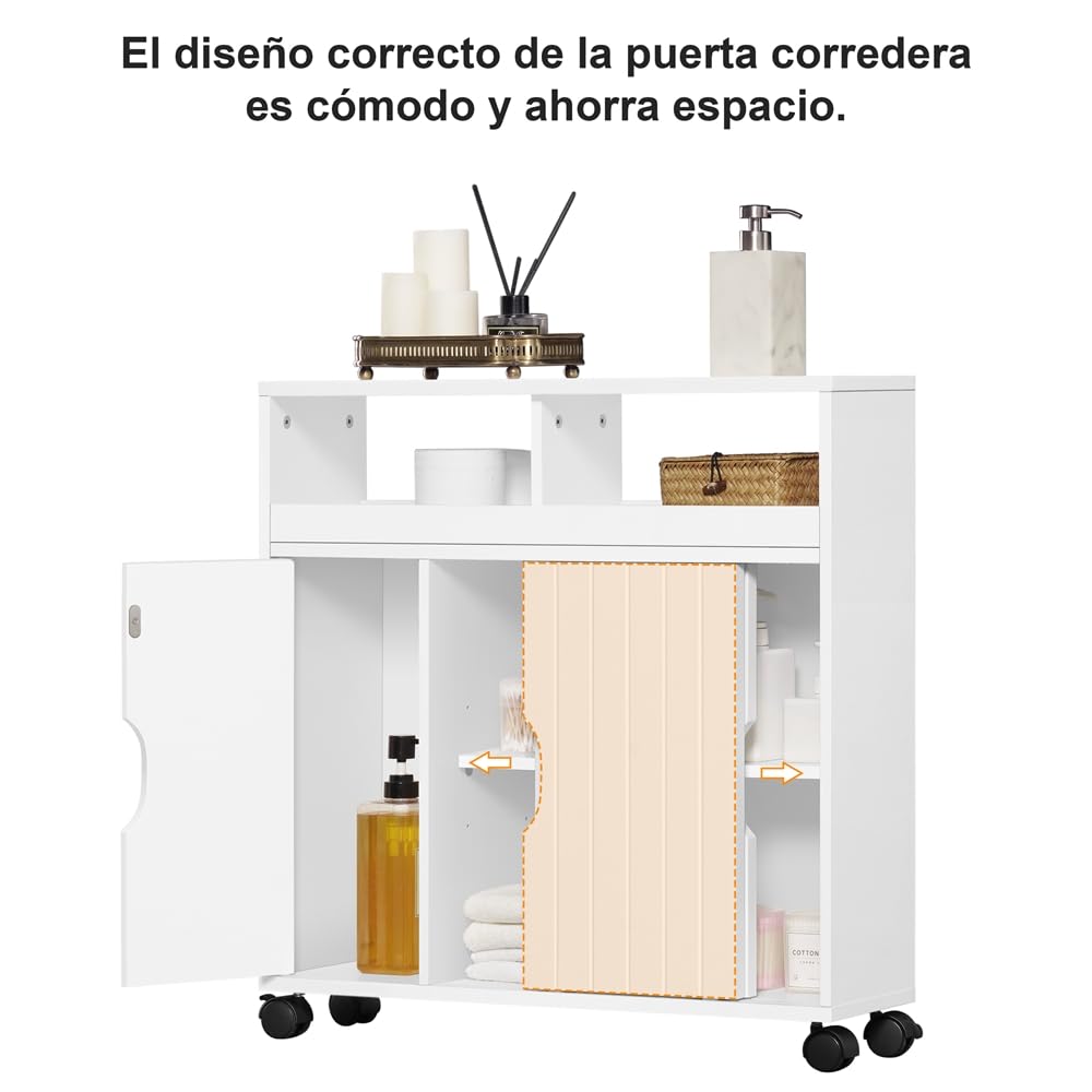 Yaheetech Mueble de Baño con Ruedas Armario de Suelo Estrecho con Puertas Correderas Mueble Cocina Auxiliar de Madera Lacada con Estantes para Espacio Estrecho 20 x 69.5 x 71.5 cm,Blanco