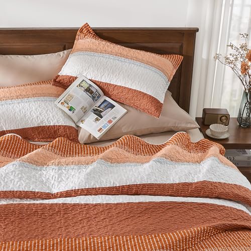 Image of Andency Orange Quilt King(106x96Inch), 3 Pieces (1 Striped Quilt and 2 Pillowcases) Patchwork Striped Bedspread Coverlet Set, Soft Lightweight All Season Quilted Bedding Set