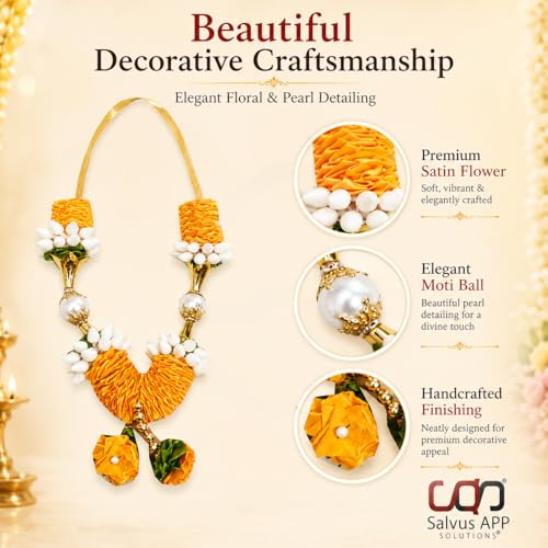 Image of Salvus APP SOLUTIONS Yellow & White Artificial Plastic and Fabric Flower Garland with Moti Balls | 8 Inch Pooja Mala for God Idols, Photo Frames, Temple & Home Decoration