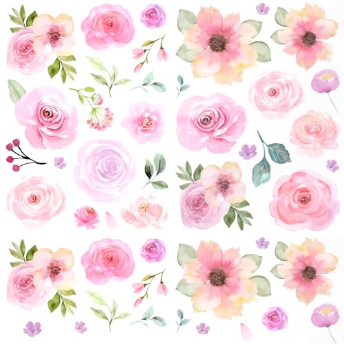 COMNICO 60pcs Pink Flower Wall Sticker Watercolor PVC Peel and Stick Wall Decals Cute Peony Floral and Leaves Pastel Flower Decor for Kids Bedroom Living Room Baby Nursery Kindergarten