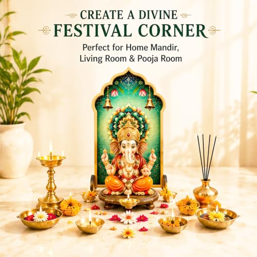 Image of Ganpati Decoration Setup for Home, Premium MDF Ganesh Chaturthi Backdrop Stand, 1 Panel Traditional Mandap Decor for Pooja, Aarti, Festival & Housewarming, Suitable for up to 12 Inches Ganpati.