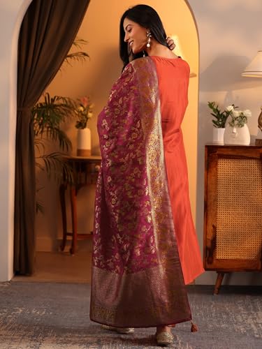 Image of Libas Woven Design Silk Blend Straight Kurta with Trouser and Dupatta