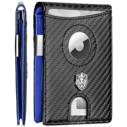 Image of ALPHA PAIR Smart Wallet with Air Tag Holder - Minimalist Bifold RFID Blocking Wallet with Money Clip - Men Wallet with Airtag for Apple - Black Leather Wallet with BLUE Trim