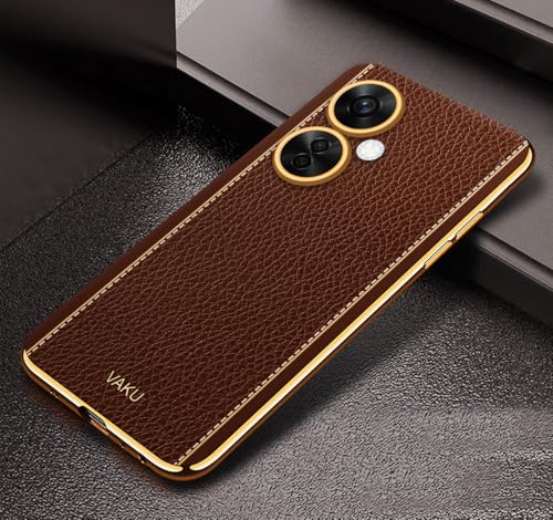 Image of Vaku Luxos Luxemberg Back Cover for OnePlus Nord CE 3 Lite 5G with Leather Pattern Gold Electroplated Soft TPU Cover Shockproof Protective Case- Brown