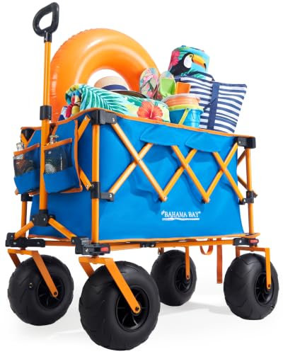 Old Bahama Bay Foldable Beach Wagon with Balloon Wheels, Heavy Duty Collapsible Wagon Cart for Soft Sand, Large Capacity Wagon with Umbrella Holder & Side Storage, 330 lbs Load Capacity
