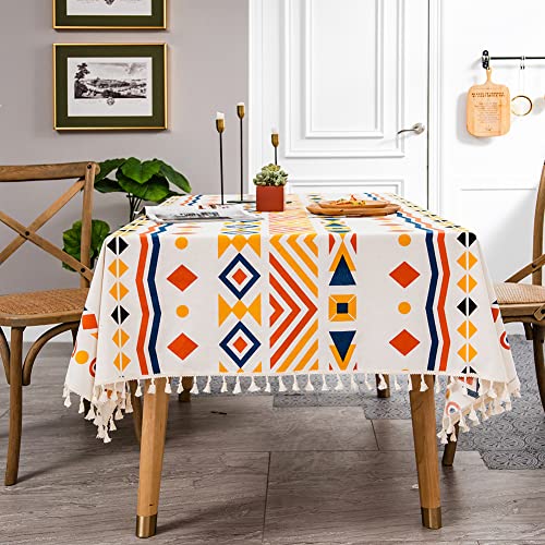 Freyamy Mantel de borla de 140 x 220 cm, bohemio, geométrico, multicolor, rectangular, de algodón y lino, estilo indio, mantel de mesa de café, lavable, cubierta de mesa de cocina para el comedor Cover