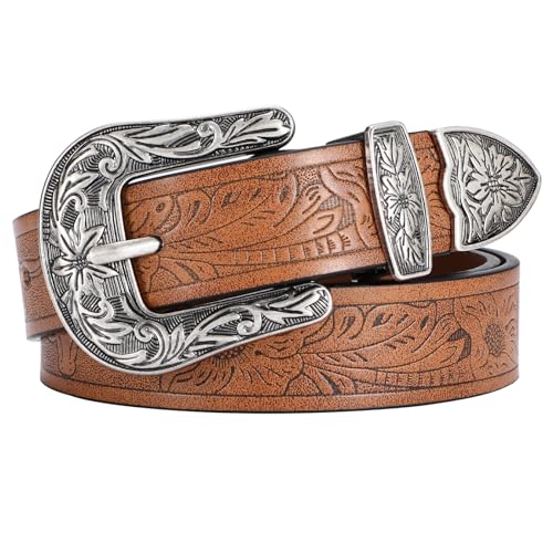 SANSTHS Western Belt For Women, Womens Cowboy Belt For Pants Jeans With Vintage Floral Carved Design