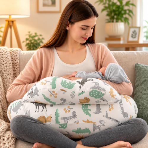 Image of Proliva Feeding Pillow for New Born Baby with Detachable Cover Breast Feeding & Maternity Nursing Pillow for Breastfeeding Support for Baby Feeding Pillow for Mom (Off White-Camel-C2)