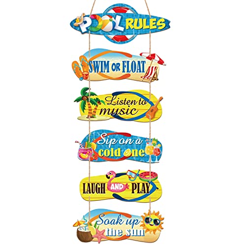 6 Pack Pool Rules Signs and Decor Outdoor, Wooden Beach Wall Hanging Decor, 4 x 11 Inch Summer Slippers Hanging Sign Flip Flop Outdoor Decorations for Swimming Pool Beach Coastal, Assemble by Yourself