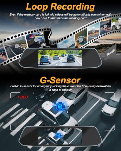 NHOPEEW 7 pulgadas Espejo Dash Cam con Vista Delantera y Trasera Cámaras Duales - Sensor de Gravedad/Visión Nocturna/Grabación en Bucle/Detección de Movimiento/Monitor de Aparcamiento + 64G Tarjeta SD - imagen 3