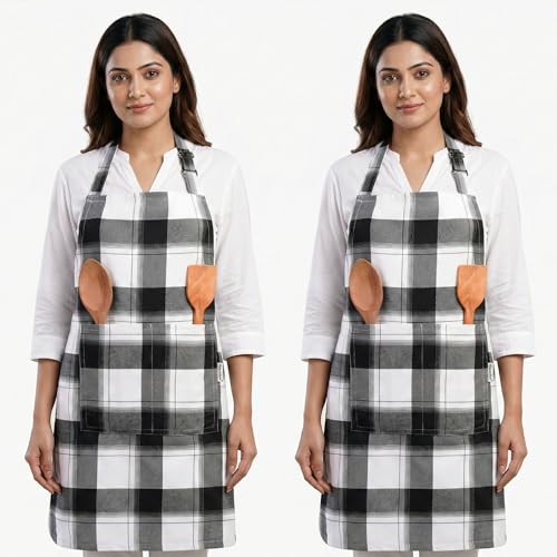 Image of Cotton Kitchen Apron Pack of 2, Checkered Cooking Apron for Women & Home Cooks, Adjustable Strap, Large Pockets, Black and White
