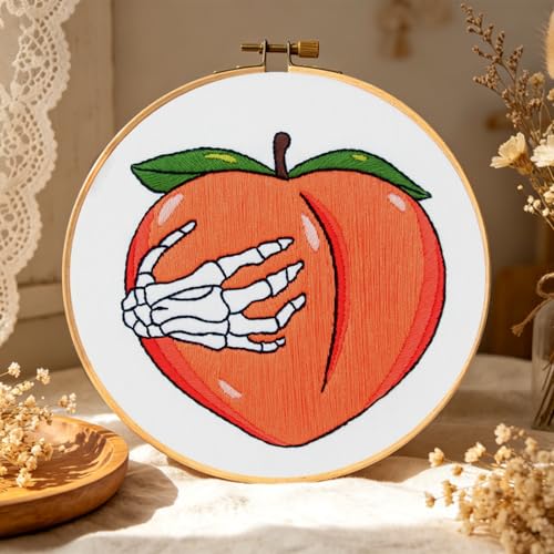 Image of Hand Bone Embroidery Kits for Beginners Adults, Peach Embroidery Starters Kits, Halloween Stamped Cross Stitch Kits DIY Needlepoint Kits for Beginners Adult, Embroidery Hoop, Thread and Video Tutorial