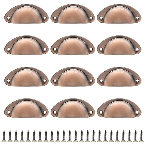 Hocansen 12 PCS Shell Cup Handles 81mm Metal Drawer Pull Handles Red Bronze Shell Shape Handle Knobs Semicircle Cup Handle with Screws for Wardrobe Cupboard and Drawer (Red Bronze/LS-BK)