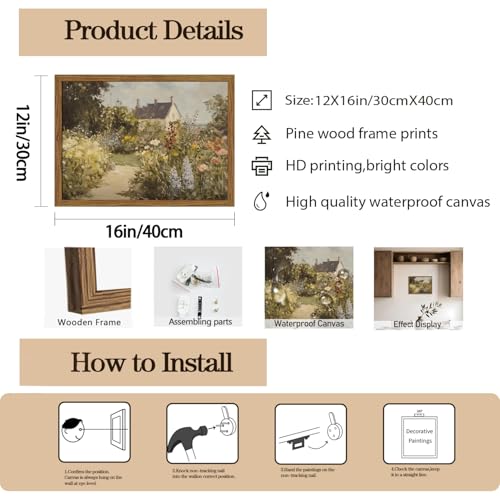 Image of Vintage Painting Wall Art, Country Landscape Wall Decor, Nature Wildflower Farmhouse Pictures Canvas Prints for Bedroom Bathroom Living Room 16x12 inch Wood Framed