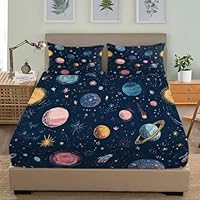 Space Planet Theme Fitted Sheet Double Bed 54x75 inch For Kids Boys Girls Teens Room Decor 30cm Deep Pockets Fitted Sheet Set Dark Blue Breathable Hypoallergenic Bedding Set