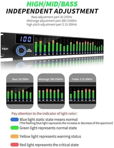 Digital Equalizer, 31-Band Audio Stereo Graphic Equalizer with Multiple Interfaces, 10 Preset Effects, Automatic Noise Reduction, High, Mid and Bass Adjustment