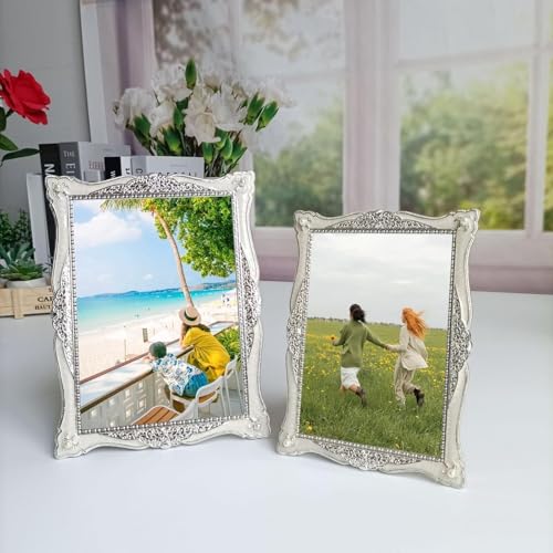 Cadre photo mariage rectangle blanc argenté métal 5x7 horizontal de salon
