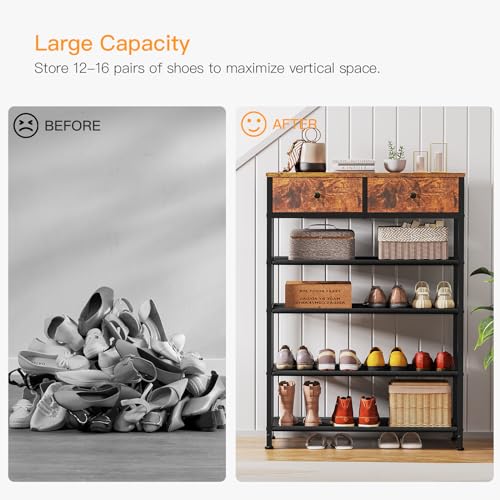usikey Shoe Rack, 5 Tier Shoe Storage Organizer with 2 Drawers, Metal Shoe Shelf for 12-16 Pairs of Shoes, with 4 Oxford Fabric Shelves and Wooden Top, Shoe Stand for Closet Entryway, Rustic Brown by usikey - Used condition - Image 8