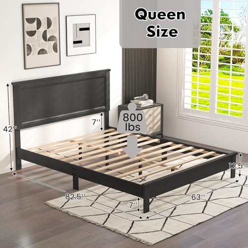 Image of GIANTEX Wood Queen Platform Bed Frame with Headboard, Mid Century Bed Frame with Solid Wood Legs & Wooden Slat Support, Easy Assembly Supports 500 LBS, Black Bed