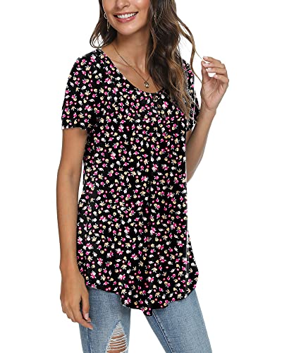 Netsmile Womens Summer Casual Short Sleeve Shirt For Leggings Pleated Button Up Tunic Top Loose Blouse, Xl, Little Flower Black #TOP1